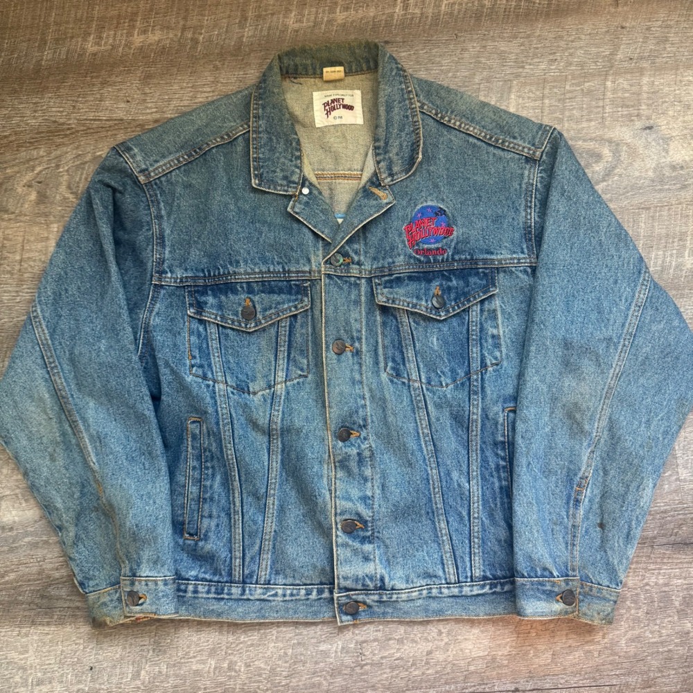 Planet Hollywood Orlando Denim Trucker Jacket L Distressed Blue Embroidered Back - Picture 6 of 10